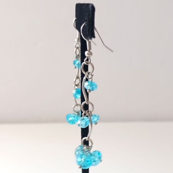 Glass Beaded Chandelier Earrings Aqua Ocean Blue Silver Tone Faceted Dangle - Picture 10 of 16